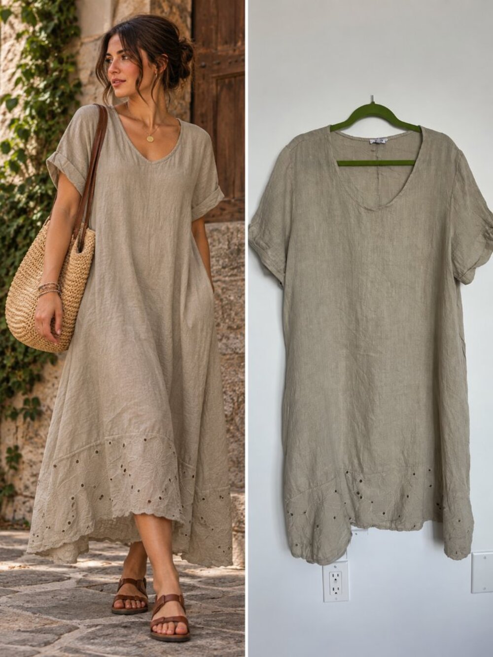 Rosemarine Taupe Linen Eyelet Hem Midi Dress Oversized A Line Boho Coastal 1X